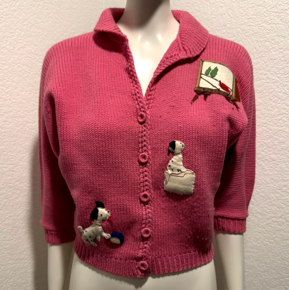 Vtg 1950s Pink Cropped Applique Sweater Dogs Wool Sz S Pinup Sock Hop Cardigan